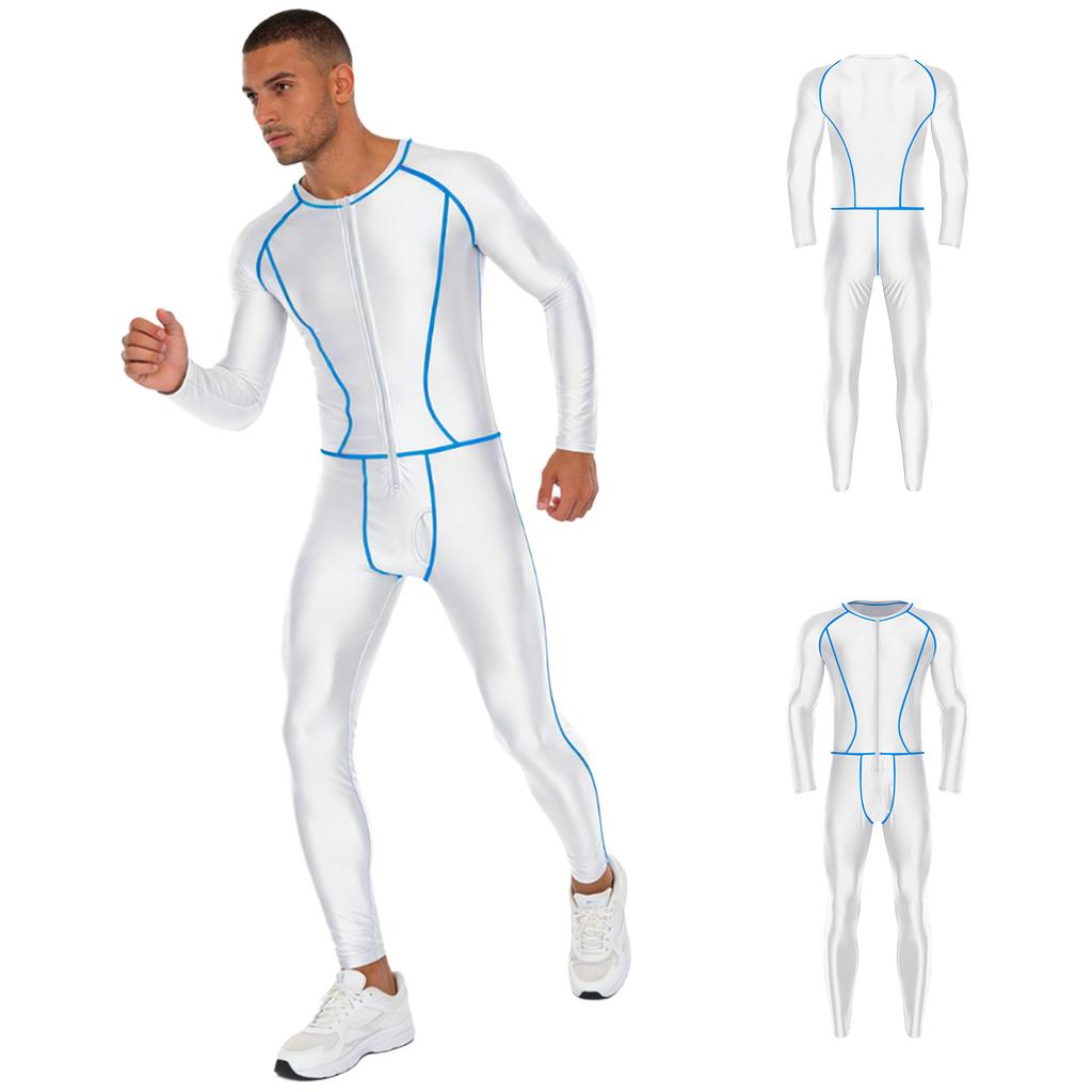 Tuta Intera da Uomo per Adulti Costume da Bagno Esterno Cuciture Piatte Zip Frontale Pantaloni Lunghi Lucidi Aderenti Tuta a Compressione Bodysuit da Yoga