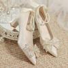 High heels women's summer 2025 new high-end pointed head bow wedding shoes rhinestone beaded shallow mouth single shoes women
