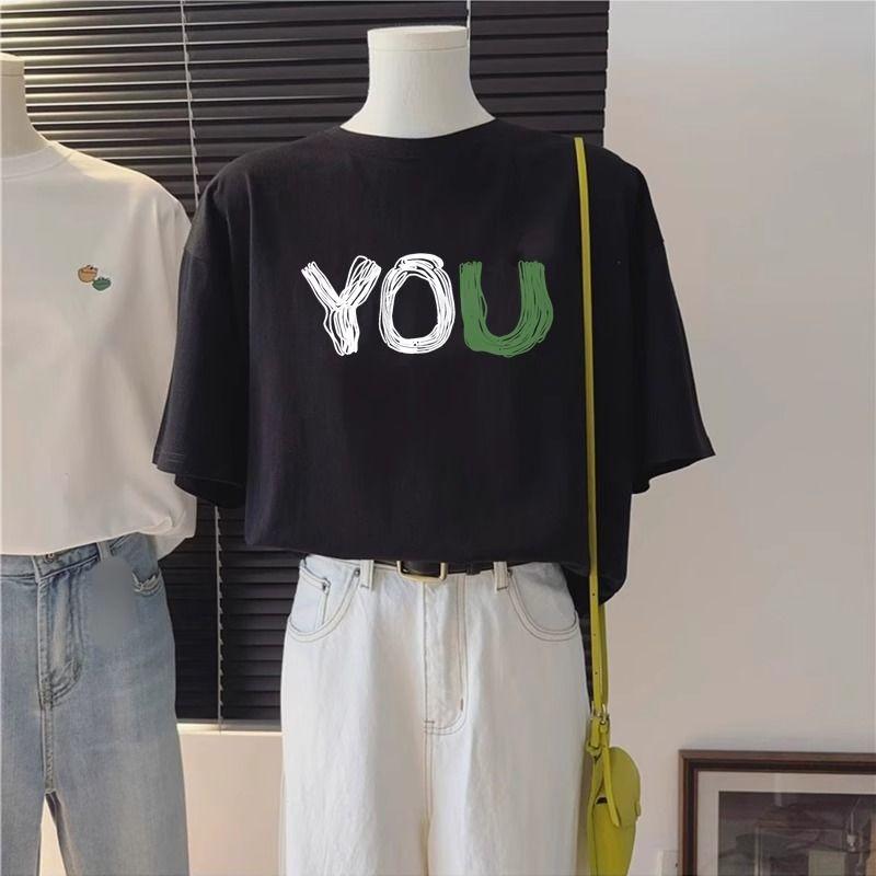 Women's Summer Pure Cotton Short-sleeved T-shirt with Personalized Letter Design Top to Unlock Trendy Style