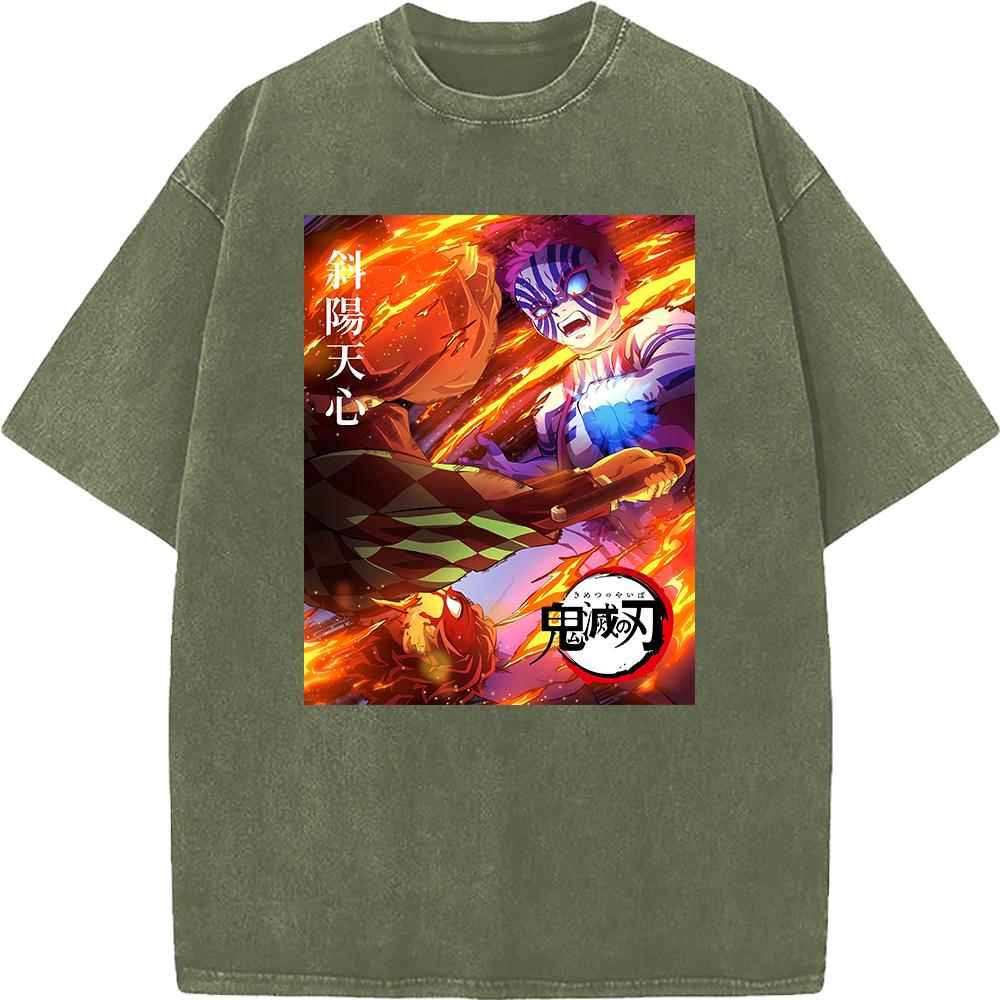 Demon Slayer Tanjirou Akaza Printed Tshirt Men Washed Cotton T-shirts Oversized Streetwear Manga Vintage Tee Harajuku Male Tops