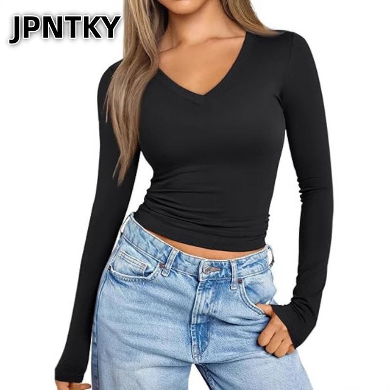 JPNTKY Moda Donna Casual Stampa Colore Unico Manica Lunga Scollo a V Camicette & Camicie