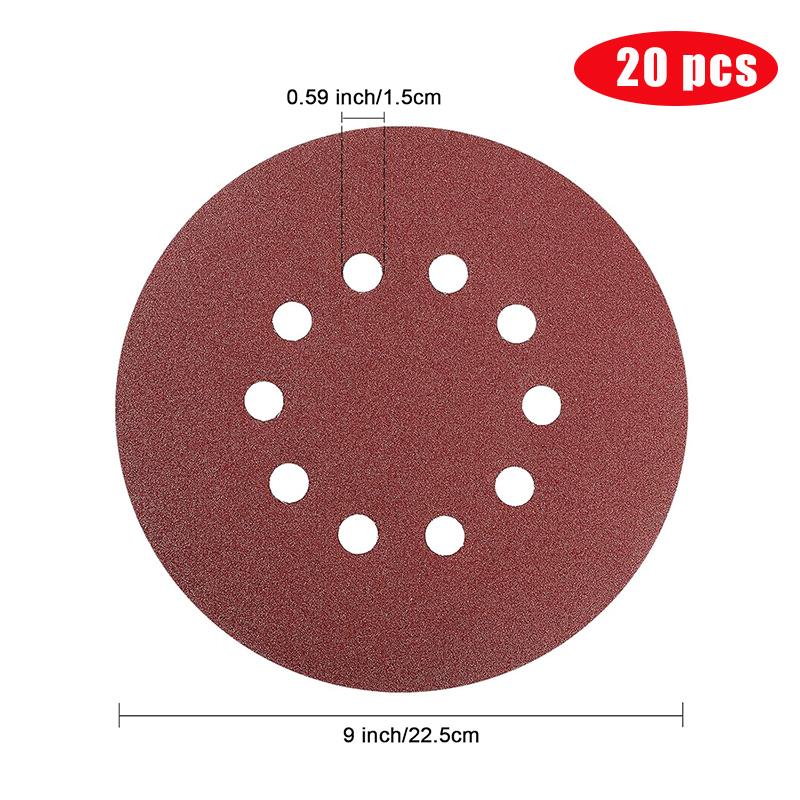 20 Pcs 9 Inch 225mm10 Hole Wall Sander Sandpaper Metal Woodworking Grinding Disc Abrasive Polishing 40-2000 Grit Sanding Disc