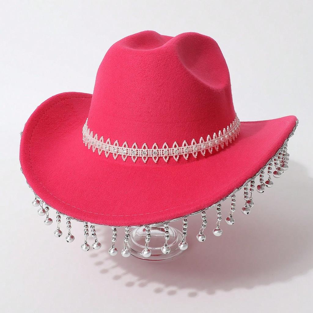 Western cowboy top hat imitation ivory rhinestone casual top hat small bell fringed jazz hat