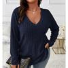 Women Plus Size Long Sleeve T-Shirt V Neck Striped Knitted Top Casual Loose Blouse Spring Solid Color Tops 5XL