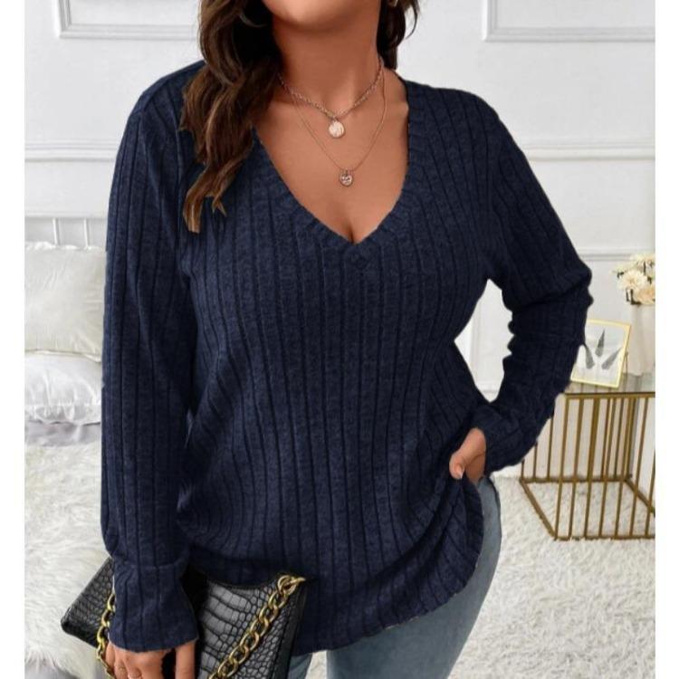 Women Plus Size Long Sleeve T-Shirt V Neck Striped Knitted Top Casual Loose Blouse Spring Solid Color Tops 5XL