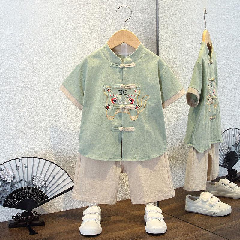 Completo Estivo da Ragazzo a Maniche Corte Stile Cinese per Bambini Hanbok Bello Completo Tang Cotone Lino Sezione Sottile di Abbigliamento Antico