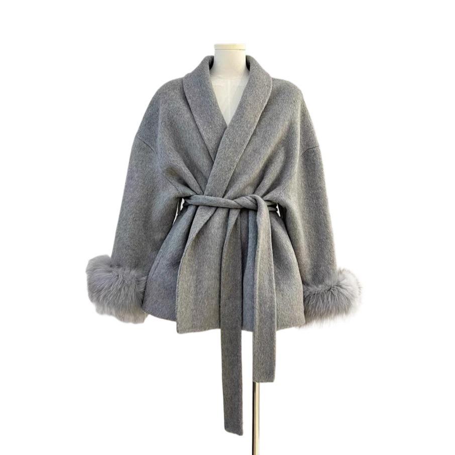 2025 Women's Short Fox Fur Wool Coat - Double-Sided Bathrobe Style