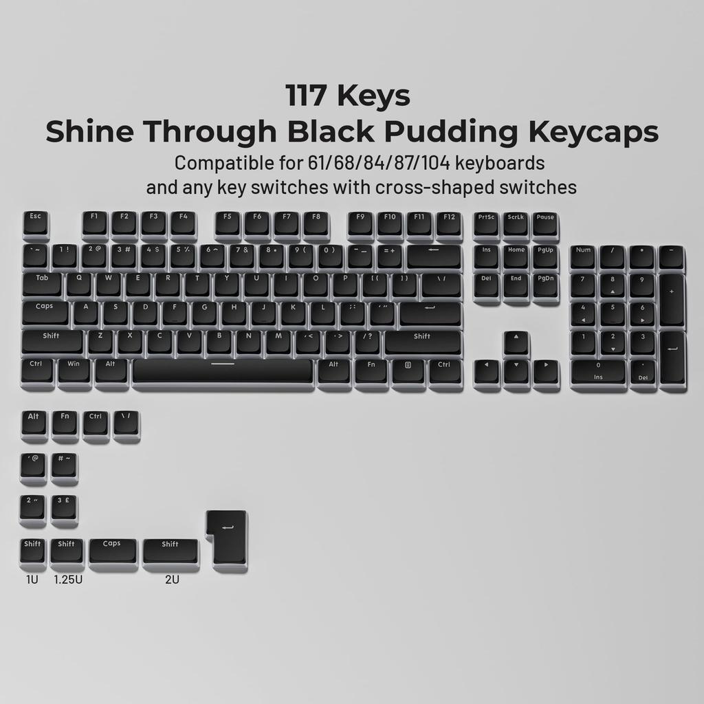 XVX Pudding Keycaps 117 Keys XDA Profile Translucent PBT Keycap Set Onyx Black Keycaps for Mechanical Keyboards with Cherry - Shine-Through