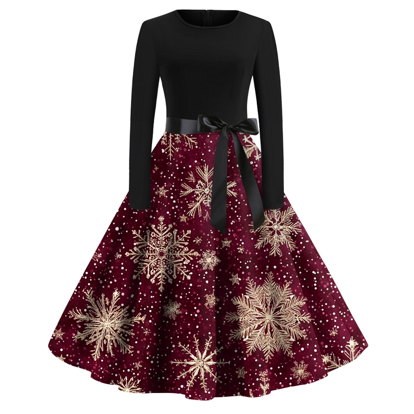 

Женское модное винтажное платье с длинным рукавом и круглым вырезом с рождественским принтом XL винный