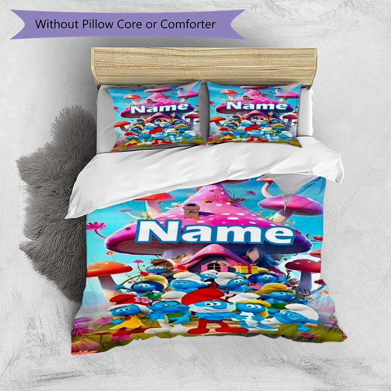 3pcs Duvet Cover Set (1*Duvet Cover + 2*Pillowcase, Without Core), Custom Name Blue Smurfs Pattern Bedding Set, Home Bedroom Decor Gift