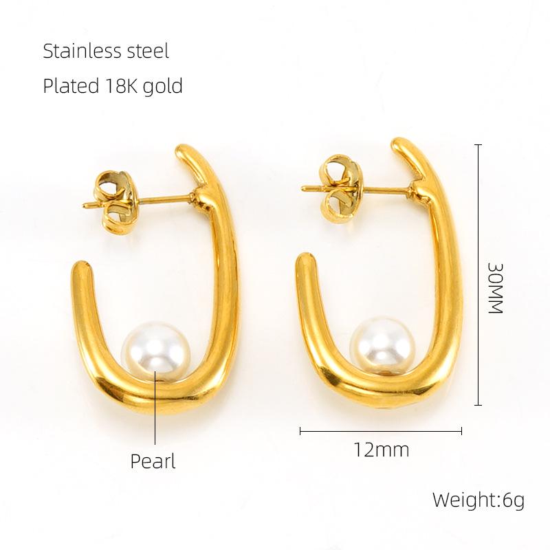 

European and American Style Pearl Earrings for Women - French Influencer 18K Stainless Steel Geometric Design 18K Vacuum Plated золотой