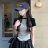 Women's Raglan Short Sleeve Tee Slim Fit Color Block Cropped T-shirt Irregular Hem Summer Student Commuter Blouse