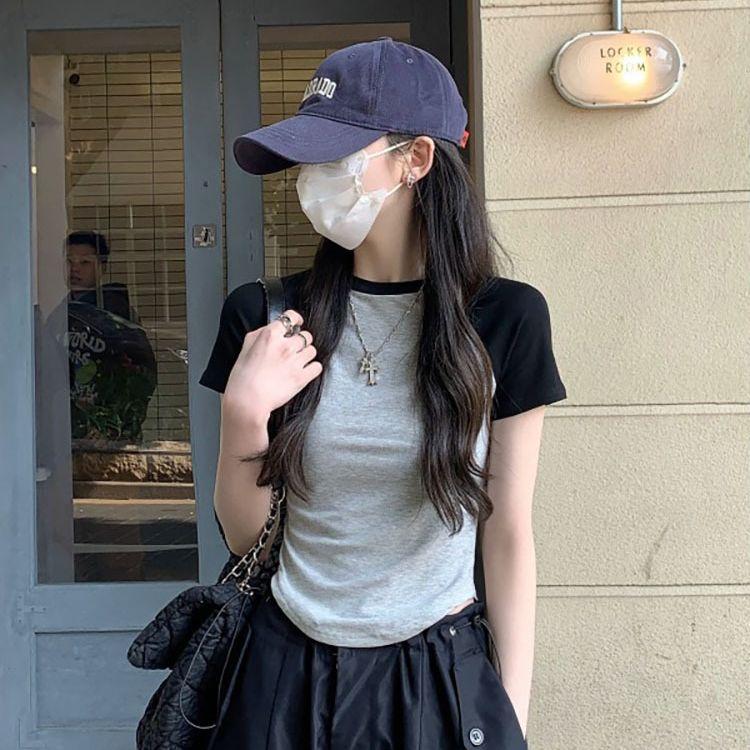 Women's Raglan Short Sleeve Tee Slim Fit Color Block Cropped T-shirt Irregular Hem Summer Student Commuter Blouse