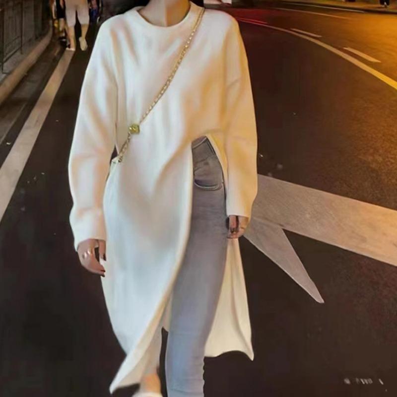 Retro loose lazy wind pullover solid color knee long split knit crew neck sweater skirt