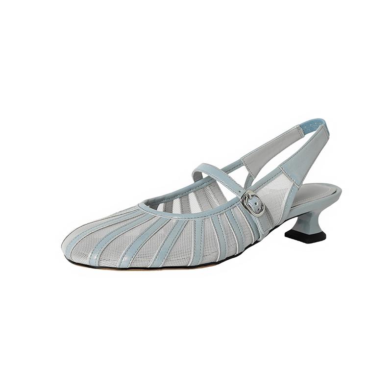 Fashion Women's new leather cowhide summer breathable mesh belt buckle French retro mid heel M ü ller toe sandals