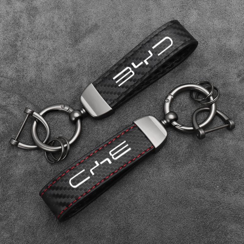 Carbon Fiber Car Keychain for BYD Seal Atto 3 Song Plus Max Dolphin Scratch Resistant PU Leather Keyring Styling Accessories