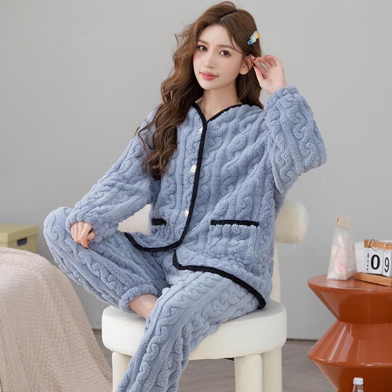 Høst og vinter Coral Velvet Pyjamas Set 3D Jacquard Flanell Langermet Cardigan Home Wear