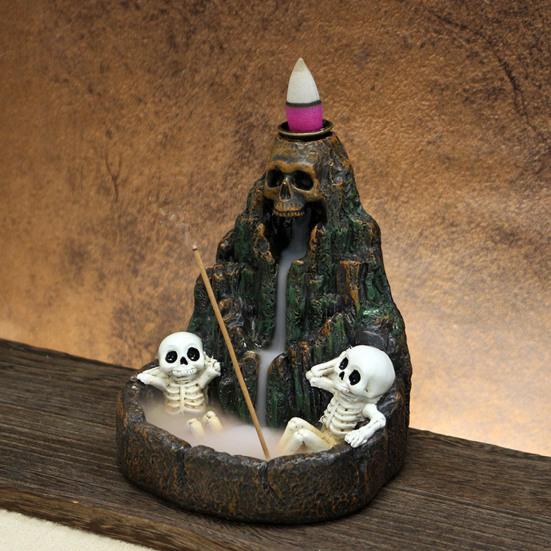 Yousheng Halloween Skull Mountain Backflow Incense Burner Waterfall Incense Holder with 12 Incense Cones And Stick Resin Aromatherapy Holder
