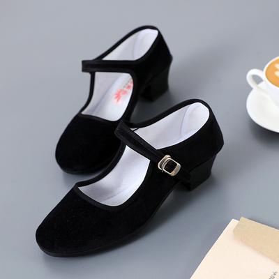 Stoffschuhe mittelhoher Absatz Riemen Square Dance Schuhe Etikettenschuhe Performance Schuhe Tanzschuhe Schwarze Stoffschuhe