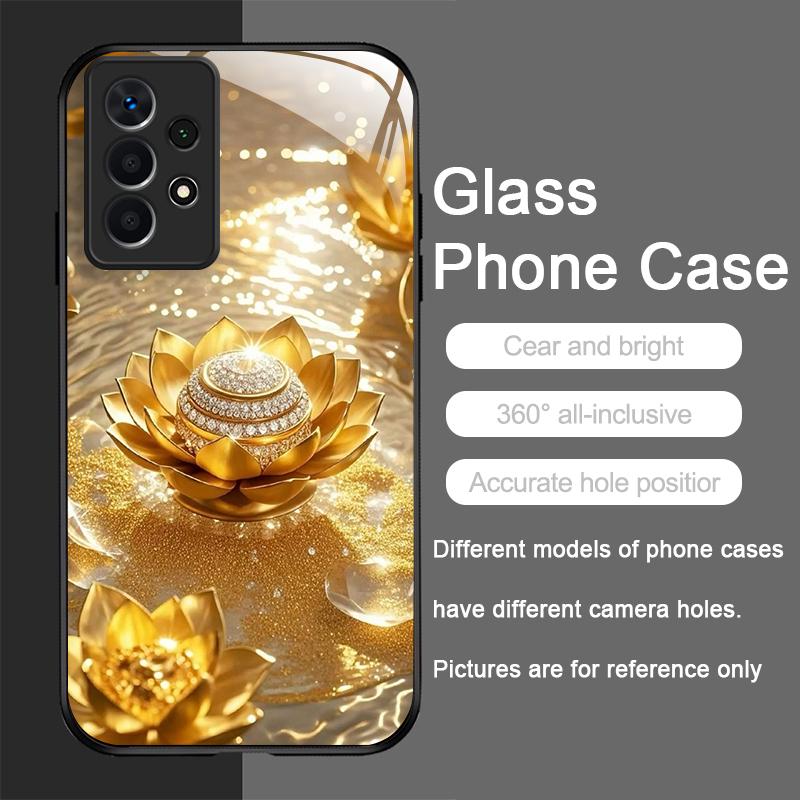 Creative Golden Lotus Flower Pattern Tempered Glass Phone Case for Samsung Galaxy A56 A55 A54 A53 A52 A36 A17 A15 A14 Back Cover