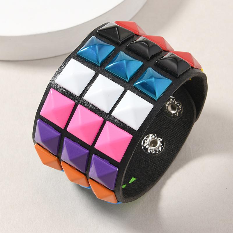 

18 Color Punk Hip-Hop Three Rows Of Square Rivets PU Leather Big Wide Bracelet For Male Female Buckle Wristband Vintage Jewelry