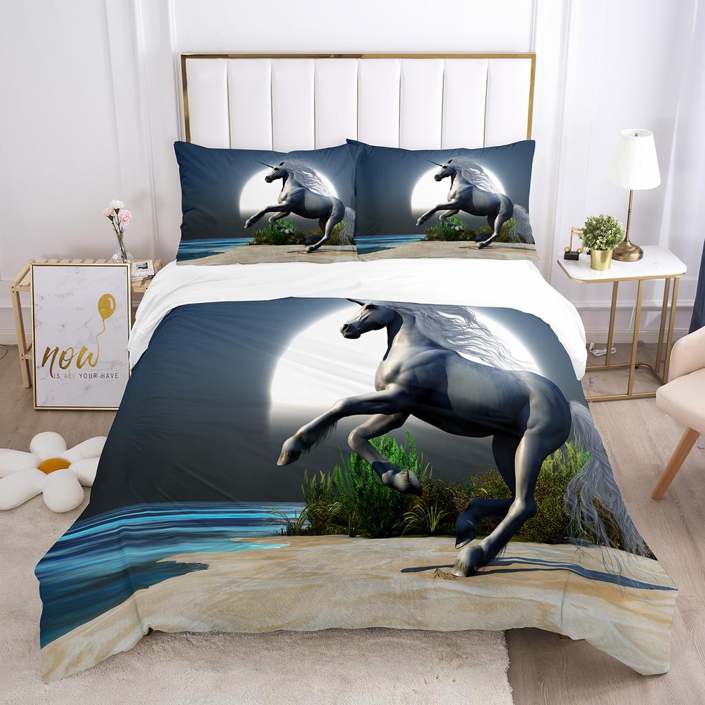 Einhorn-Bettbezug-Set, weißes Pferd mit Flügel, 3D-Druck, Kingsize, Polyester, Bettbezug für Kinder, Bettwäsche-Set mit Kissenbezug