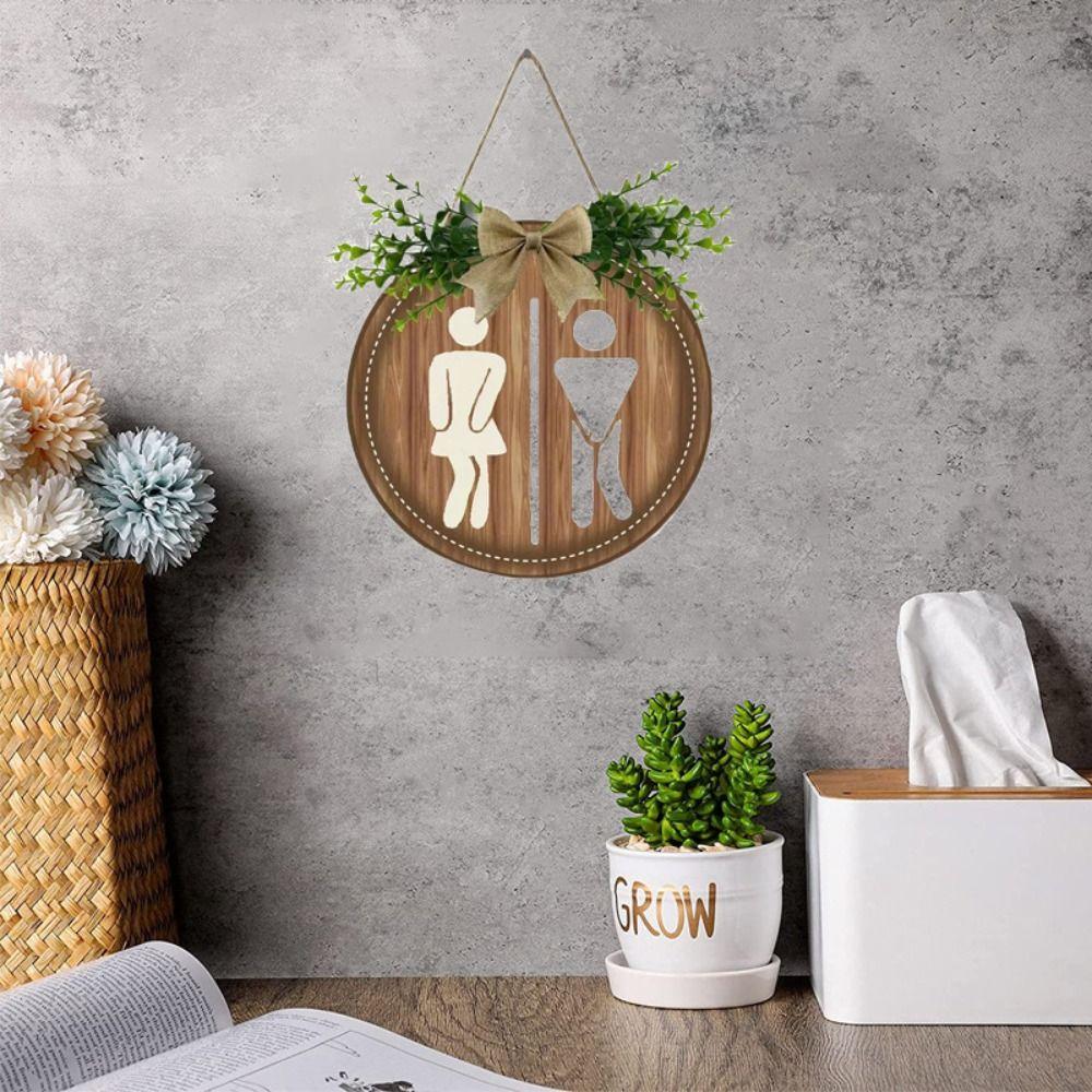 Bow Knot Wooden Toilet Sign Round Wall Hanging Signs Creative Bathroom Sign  Shower Room