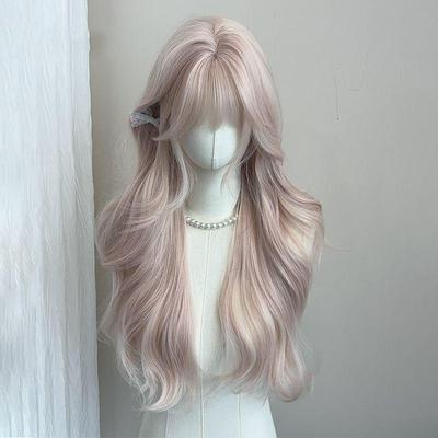 Perruque Longue Bouclée Rose pour Femmes avec Frange - Style Japonais Doux, Aspect Naturel, Couvre-tête Complet Cosplay