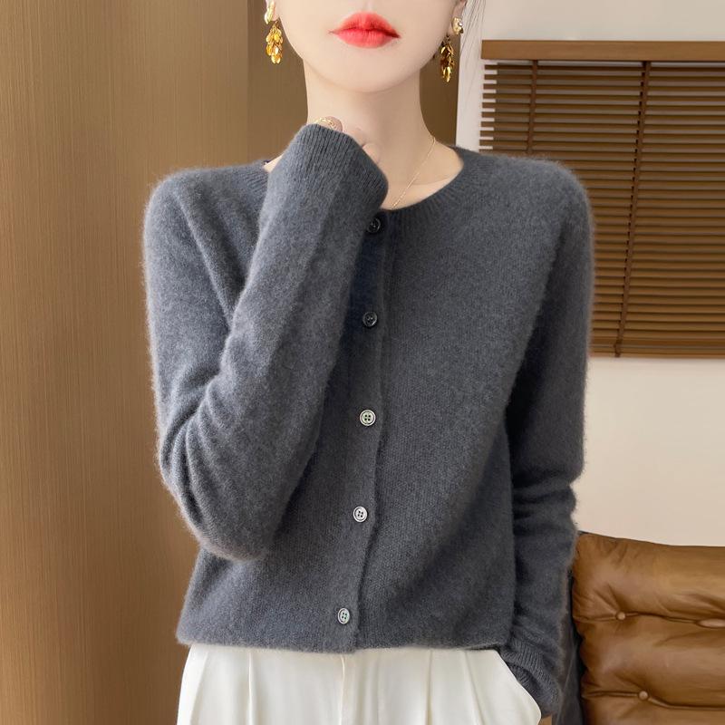 Damski kardigan płaszcz ze 100% czystej wełny z okrągłym dekoltem - Luźny sweter dzianinowy ściegiem podwiązkowym