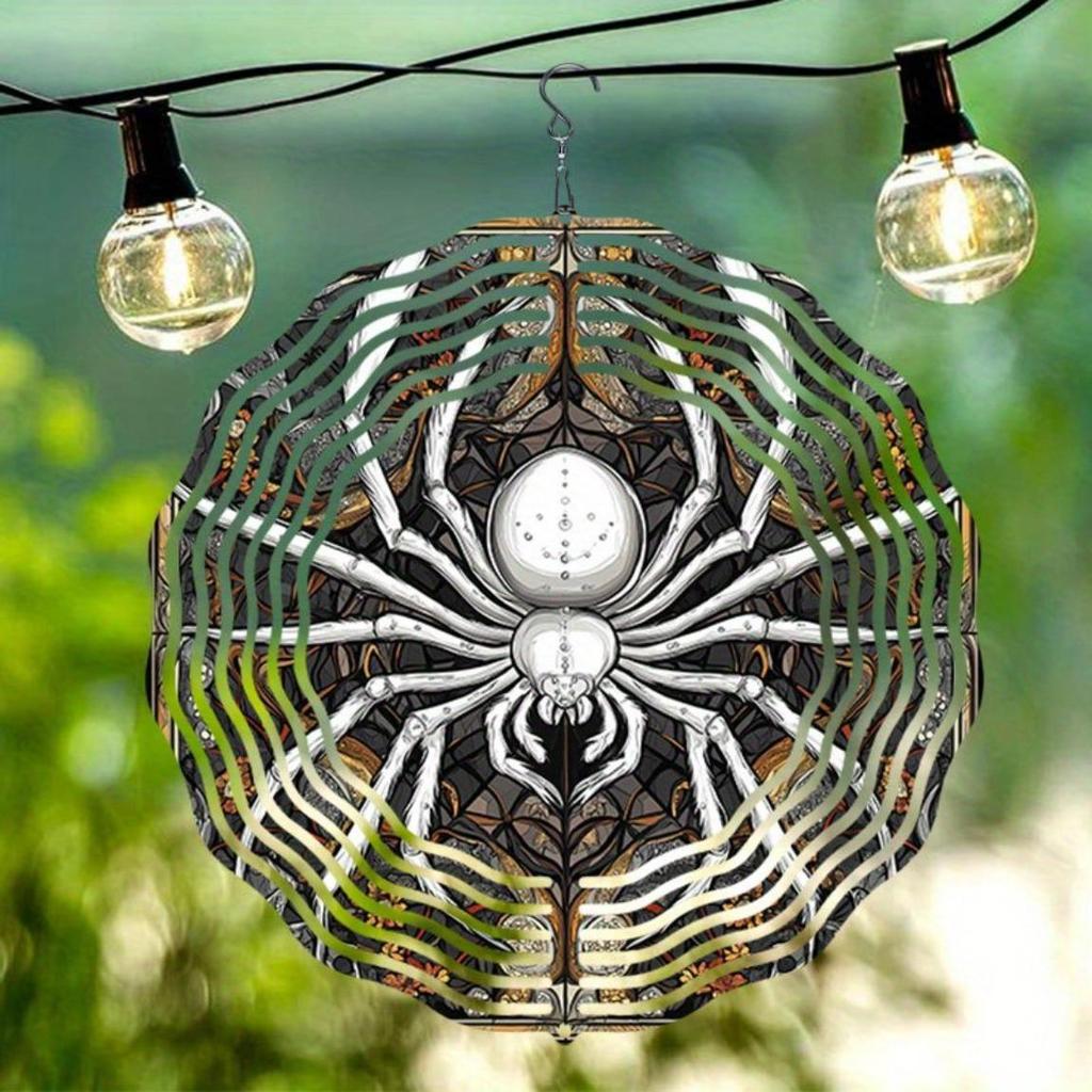 Vintage 2D Metal Spider Wind Spinner for Outdoor Garden Decor Kinetic Hanging Art with Intricate Web Design Thanksgiving Halloween