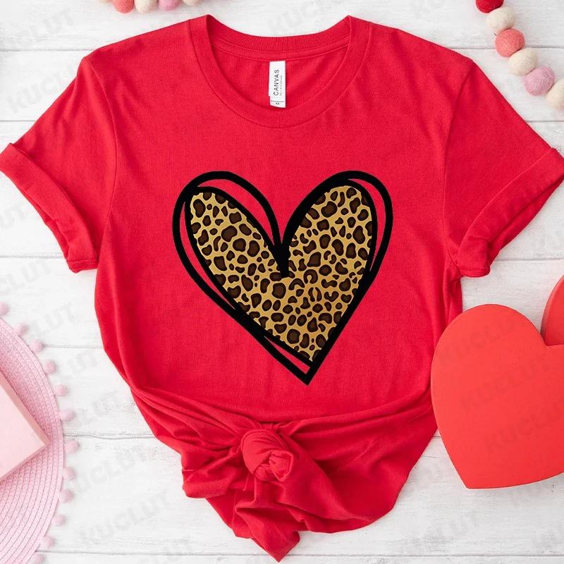 Fashion Unisex Tshirts Leopard Love Heart Print Tops Short Sleeve Clothing Ladies Harajuku Valentines Day Female Clothing