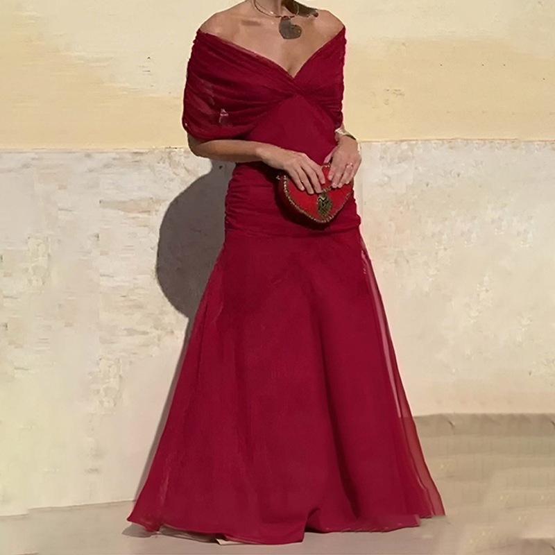 Women's Clothing, New Spring Models In Europe and America, Elegant Temperament, Off-the-shoulder Waist Dress, Long Dress, Dress.