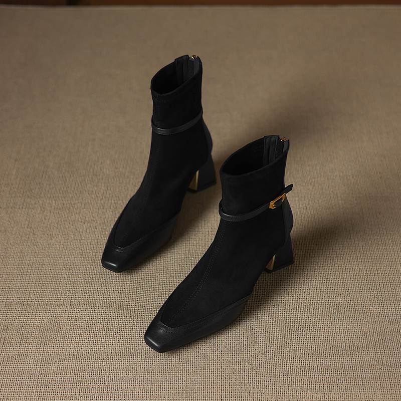 Krazing Pot Flock Cow Skin Square Toe Thick Heels Chelsea Boots Size 42 Beauty Lady Women Modern Fashion Girl Ankle Boots