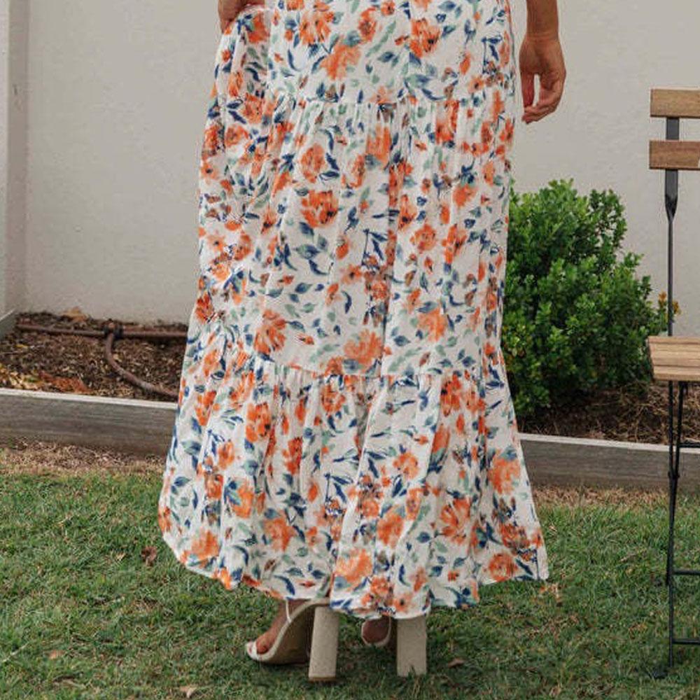 Damen V-Ausschnitt Sommerkleidung A-Linie Langes Blumen-Halterkleid Neckholder Mutter Kleidung Party Tutu Kleid für Damen