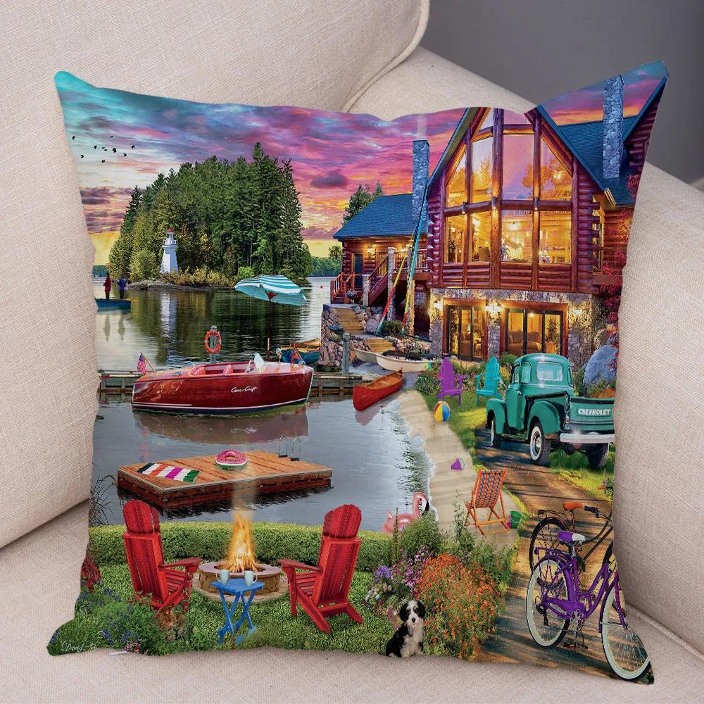 Vintage Colorful Style Coconut Tree Pillow Cover Country House Landscape  Sofa Car Office Cushion  Home Decor