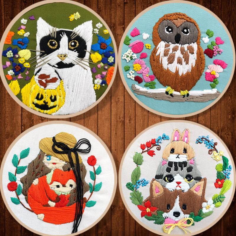 4pcs Cotton Linen Animal Styling Embroidery  Fabric  Kit Diy Material Package 20cm Bamboo Embroidery