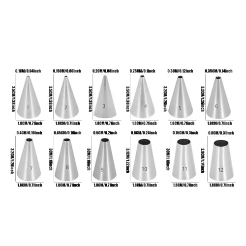 Set of 12 Stainless Steel Round Piping Tips for Cake, Cookie, and Small Mont Blanc Decorations (Silver Round Tips)