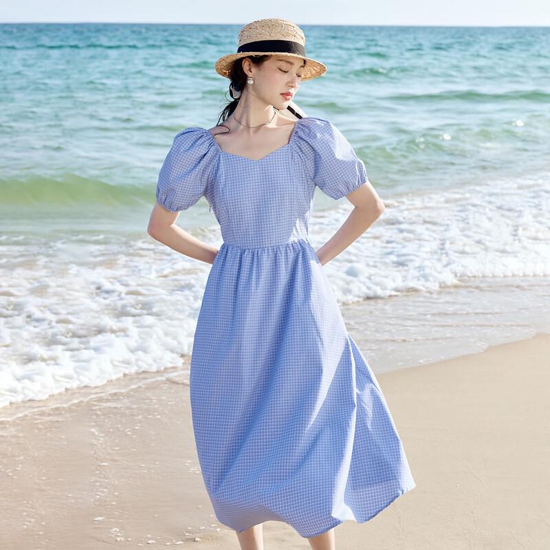 INMAN French Square Neck Puff Sleeve Plaid A-Line Dress L