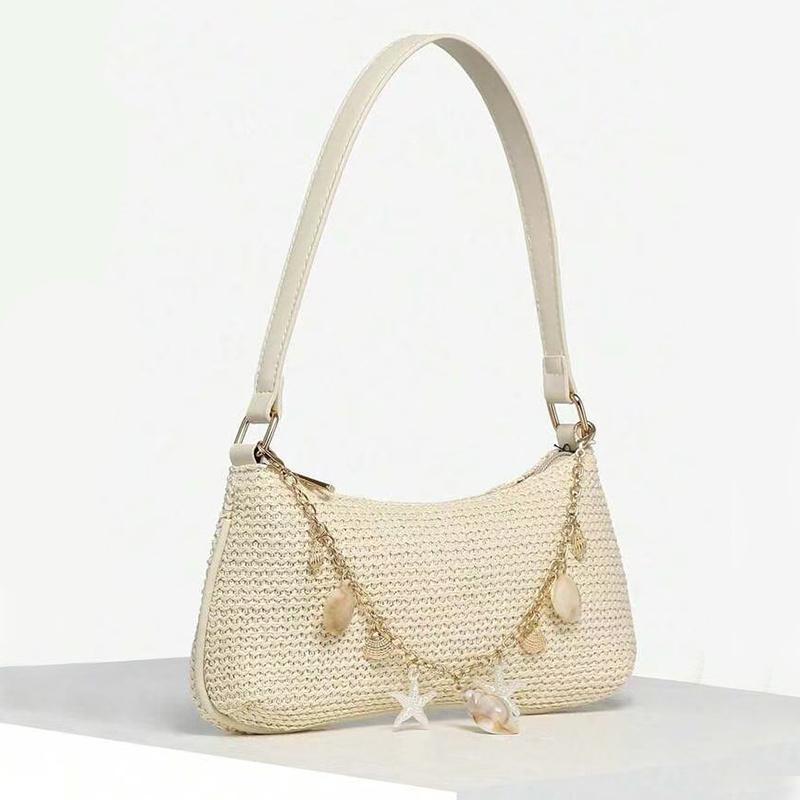 Yogodlns Summer Straw Handbag Purse Chic Weaving Shoulder Bags with Seashell Embellishments Tote Bag for Women Vacation