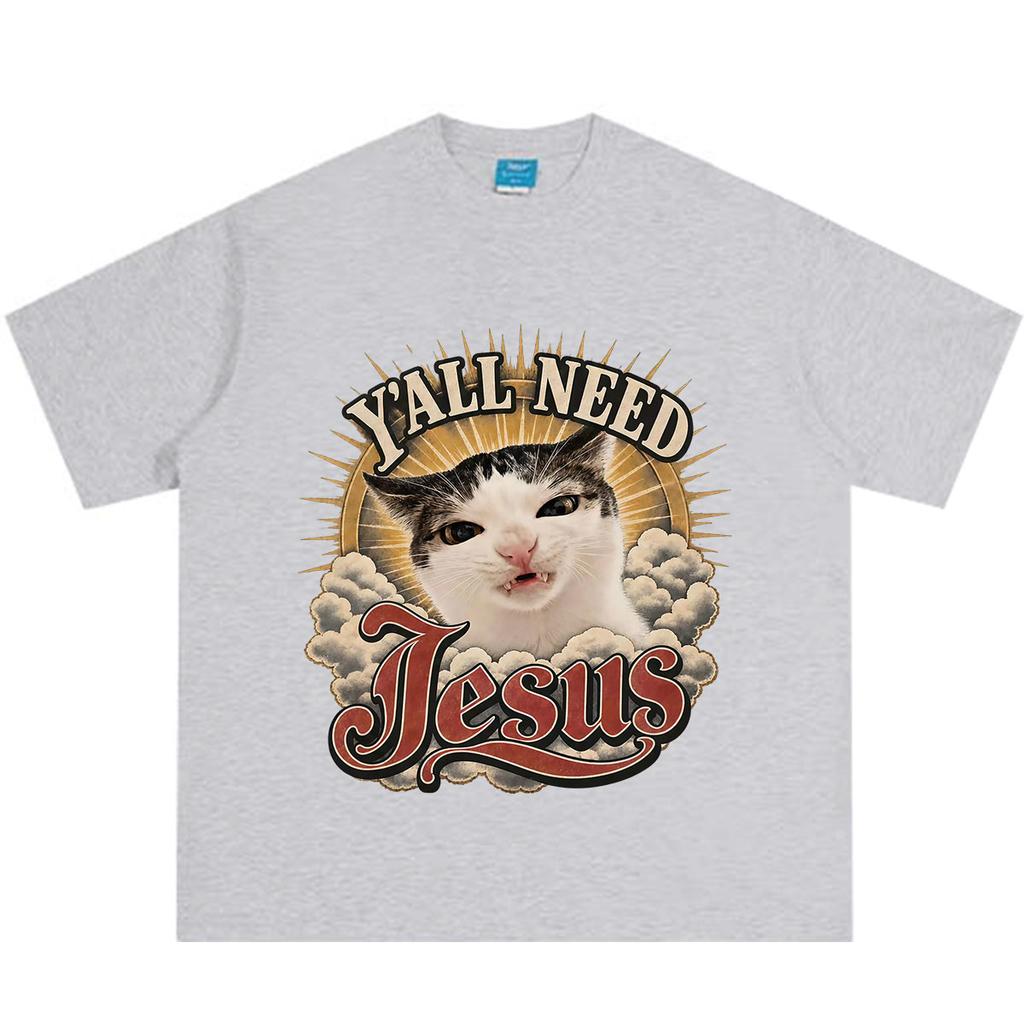 Yall Need Jesus Cat Vintage Christian Meme TShirt Unisex Unisex Fashion TShirt Summer Shortsleeved Loose Casual Cotton Tshirts