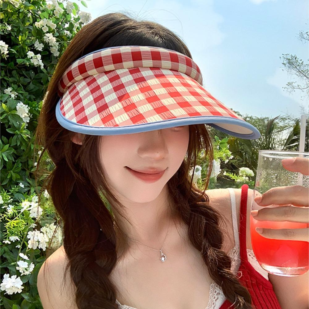 Plaid Print Summer Empty Top Cap Breathable Sun Protection Hats Sweet Large Brim Sun Hat Travel