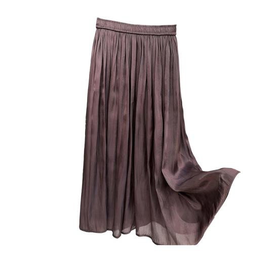 Women Maxi Skirt Elastic High Waist Pleated A-Line Swing Skirt Glossy Pearlescent Yarn Chiffon Pleated Skirt