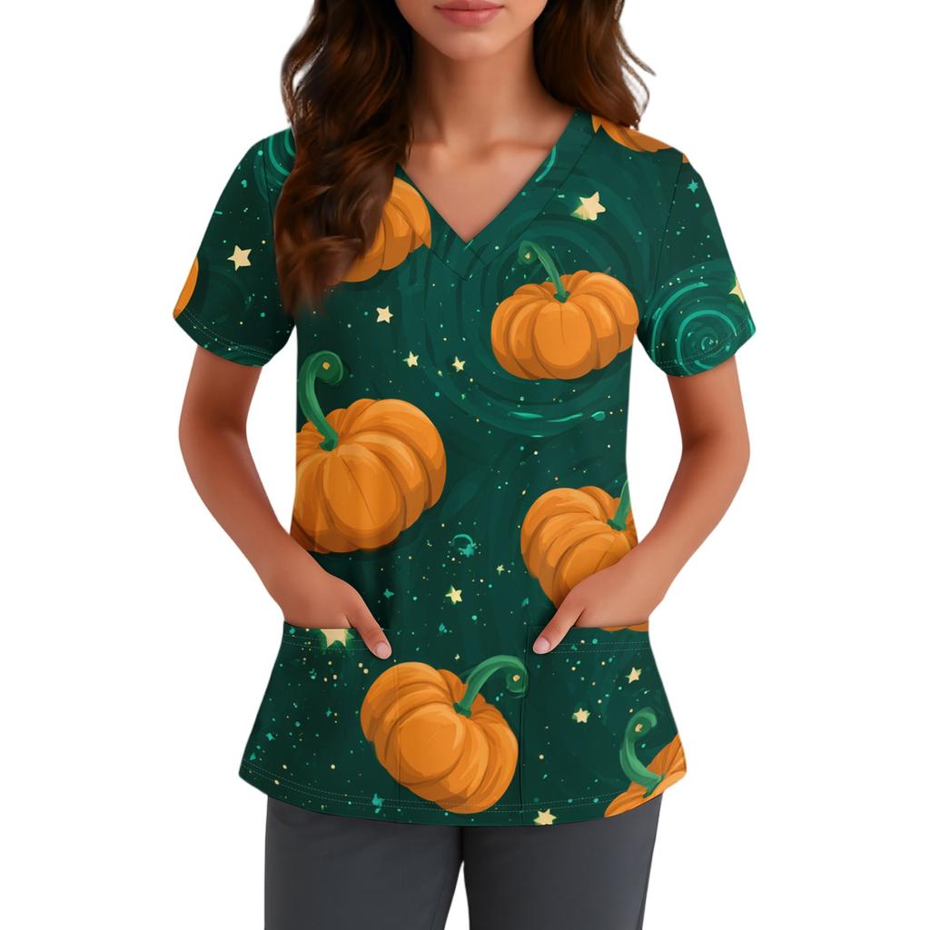 Haut pour femme à col en V et manches courtes avec poches Impression florale d'Halloween Chemise d'uniforme pour infirmière Soins de santé