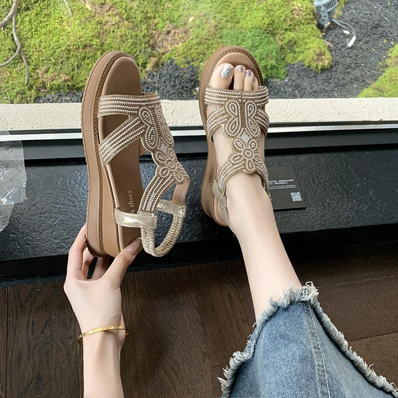 

Сандалии на танкетке большого размера женские летние новые фея ветер стразы с открытым носком на толстой подошве римские сандалии женские 41 золотой