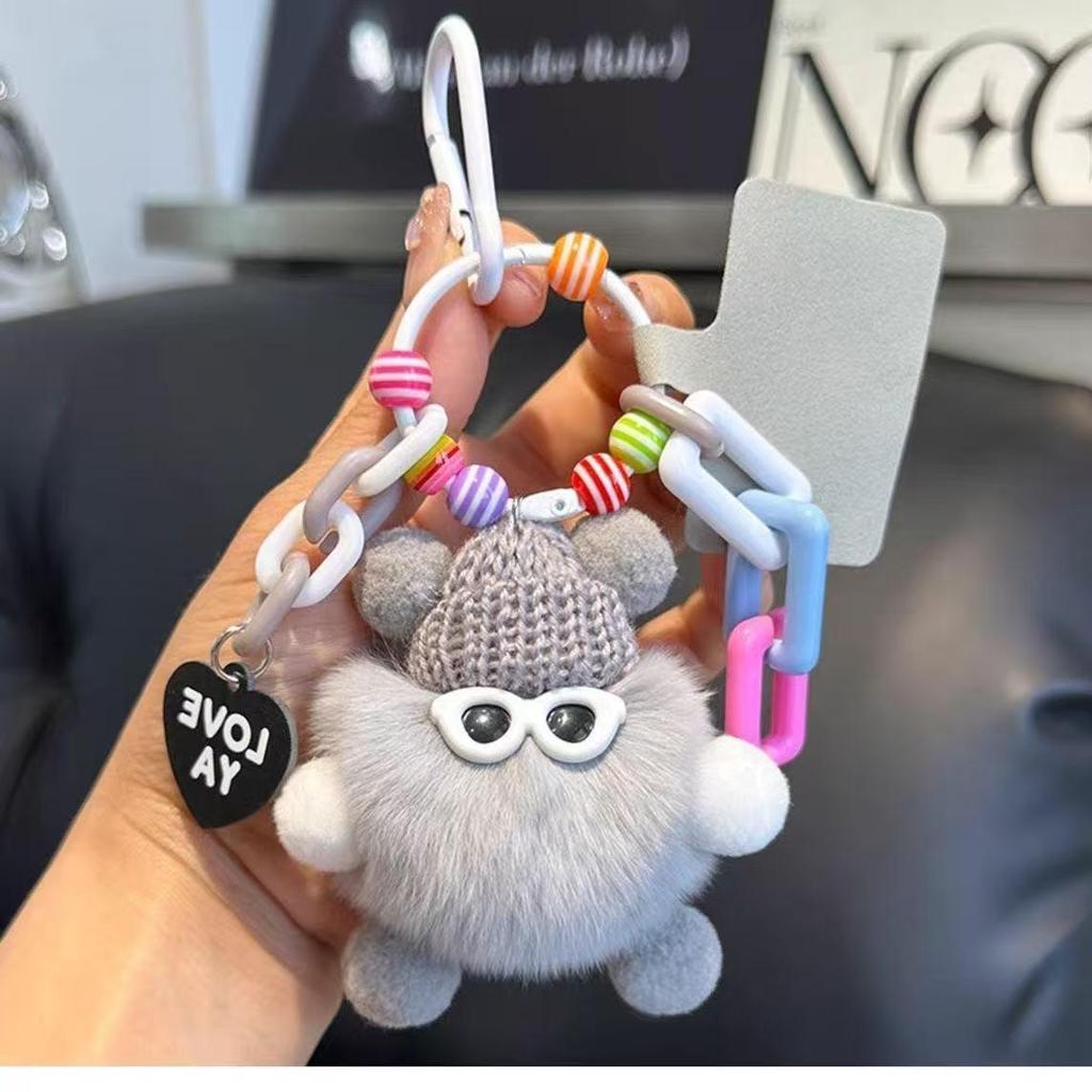 Dopamine Monster Rabbit Fur Charm - Small Coal Ball Backpack Pendant & Cartoon Doll Keychain