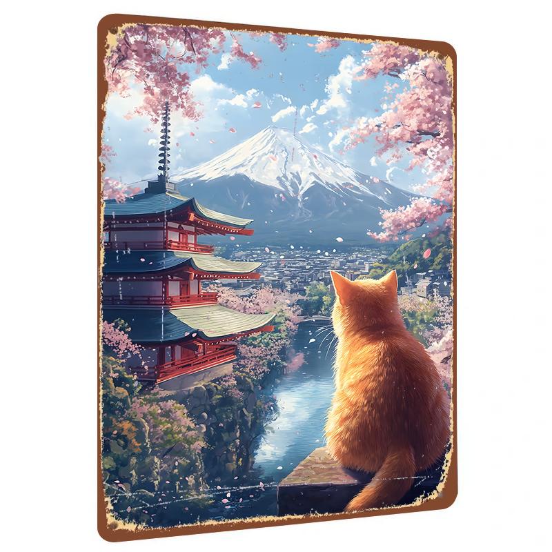 

Japanese Style Mount Fuji Cat Cherry Blossom Landscape Metal Tin Painting Living Room Wall Art Decor 20x30cm（7.8x11.8inch）