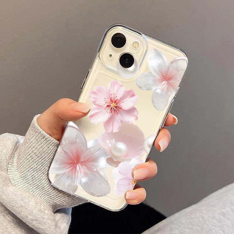 Peach Blossom Pearl Print Transparent Phone Case For Iphone 17 Air 16 16e 15plus 14 13 12 11 Pro Max Soft Clear Protective Cover