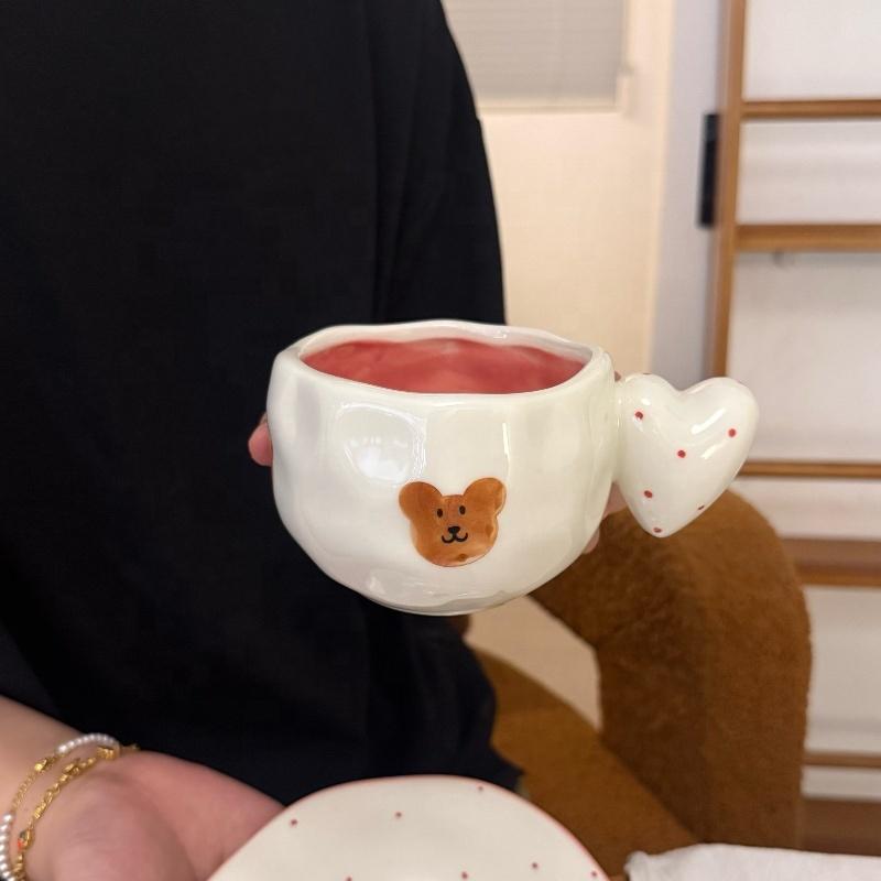 Ins Korean Style Hand-Painted Irregular Ceramic Coffee Cup Heart Shape Handle Latte Cup High-Value Breakfast Cupcake Tool 300mL