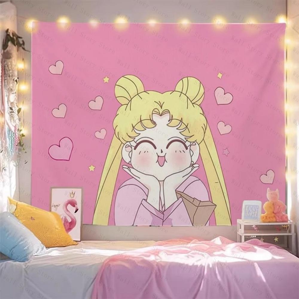 Magical Girl Tapestry Moon Print Pink Aesthetic Wall Hanging for Bedroom Tapestry Dorm Cute Cartoon Background for Home Tapestry