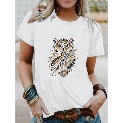 Eule Goldene Akzente Grafik Halloween T-Shirt, 100% Baumwolle Rundhals Kurzarm, Unisex Freizeitkleidung, Reguläre Passform Bequemes Stretchgewebe,
